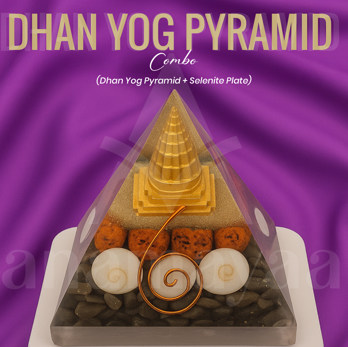 Anamayaa Dhan yog pyramid with selenite plate